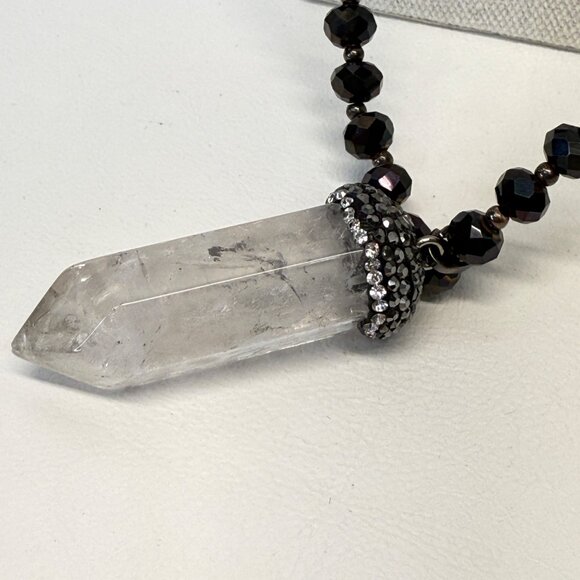 Chunky Quartz Crystal Necklace Faceted‎ Black Glass Beads Long Length Wimsigoth - Picture 2 of 4
